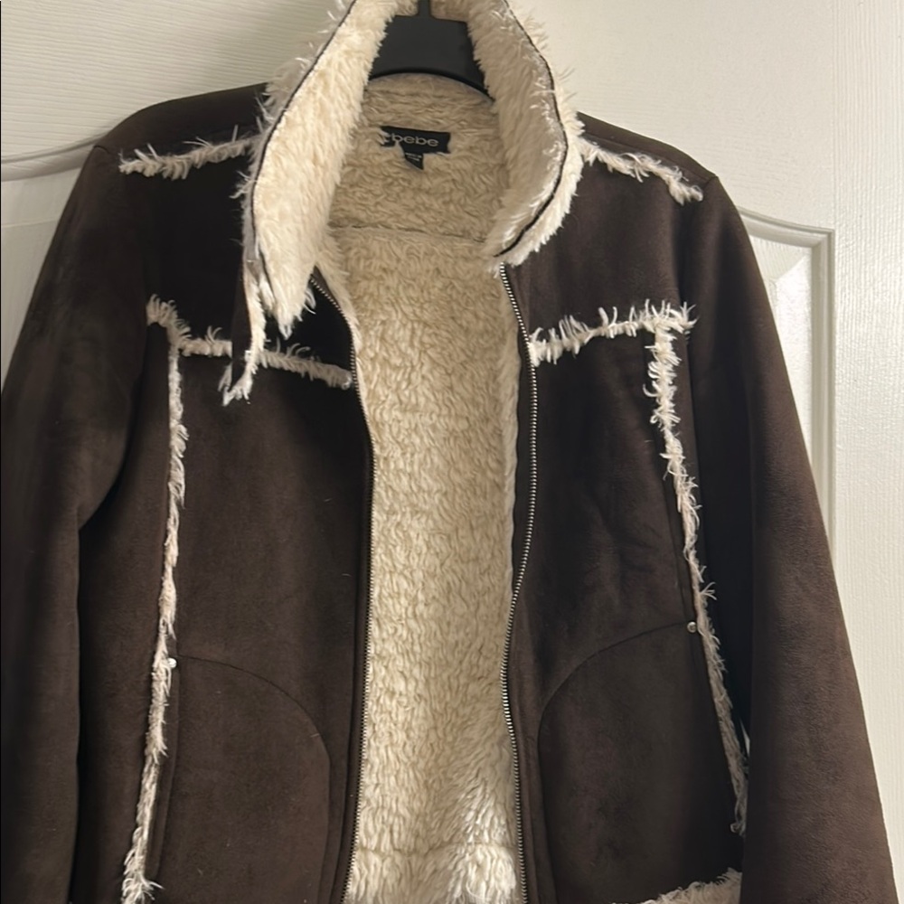 Bebe Brown and Cream Teddy Jacket with Plush Sherpa Lining